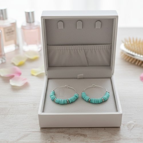 Boucles d'oreilles créoles argentées et perles heishi