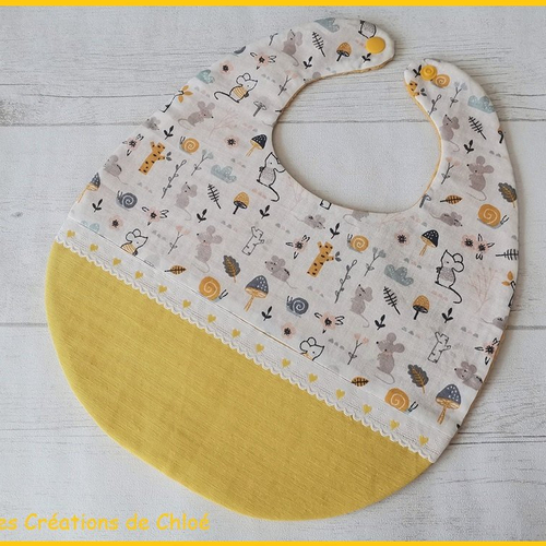 Bavoir bébé coton jaune moutarde et motif souris