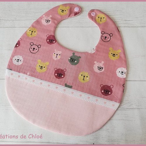 Bavoir bébé coton rose/saumon et motif têtes d'ours