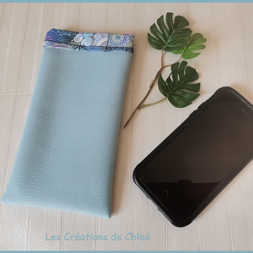 Etui simili cuir bleu et coton pour téléphone portable