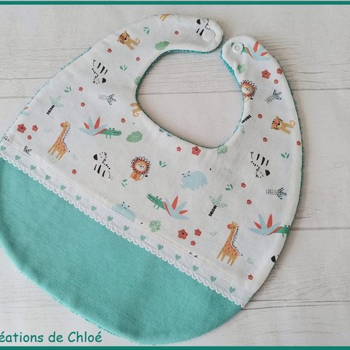 Bavoir bébé coton vert turquoise et motif animaux