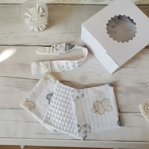 Boite de 14 lingettes bébé coton/nid d'abeilles blanc + attache tétine