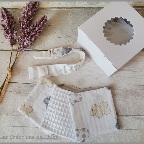 Boite de 14 lingettes bébé coton/nid d'abeilles blanc + attache tétine