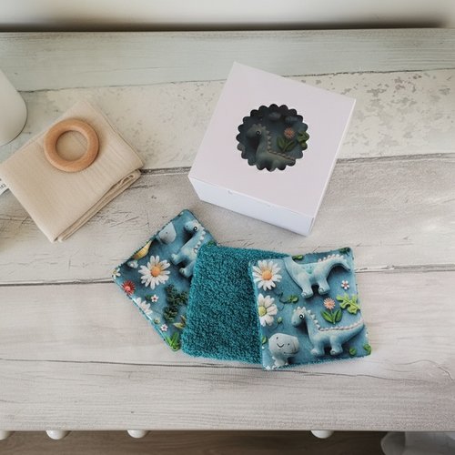 Boite de 8 lingettes bébé coton imprimé 3d bleu motifs dinosaures
