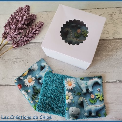 Boite de 8 lingettes bébé coton imprimé 3d bleu motifs dinosaures