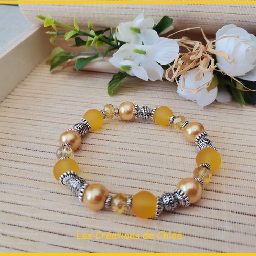 Bracelet fil élastique perles jaune et moutarde