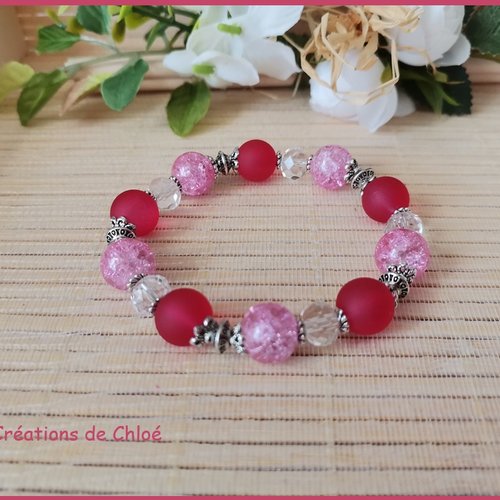 Bracelet fil élastique perles prune et rose