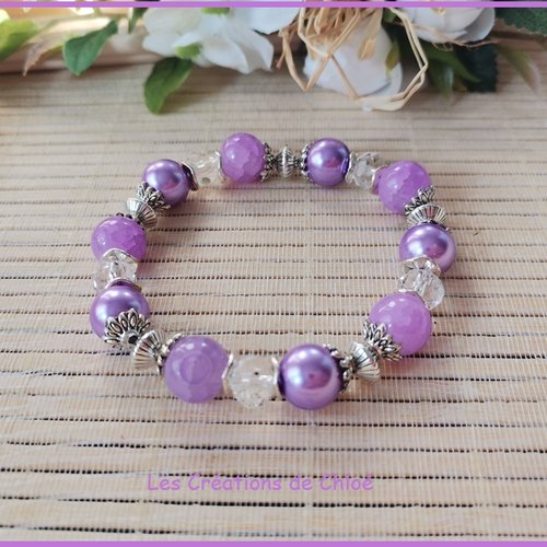 Bracelet fil élastique perles lilas et cristal