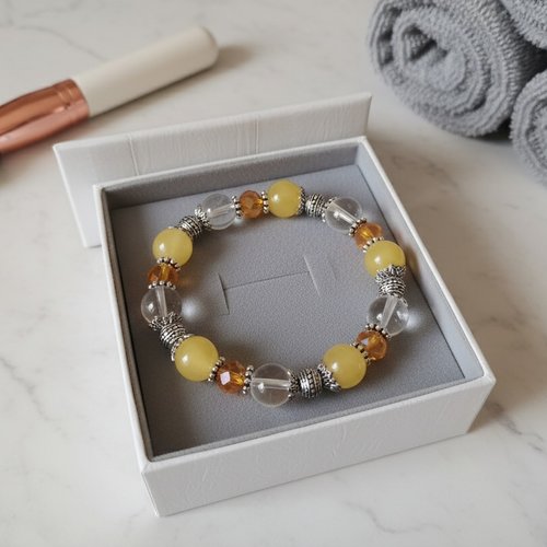 Bracelet fil élastique perles jaune et cristal