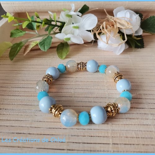 Bracelet fil élastique perles bleues