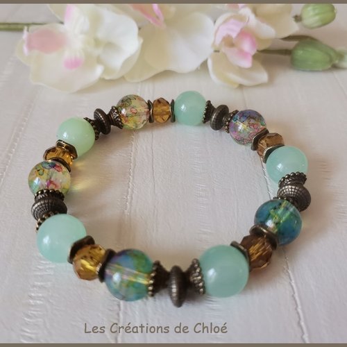 Bracelet fil élastique perles imitation jade et craquelé