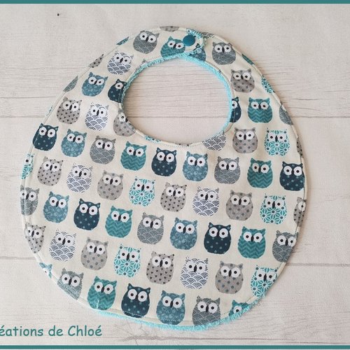 Bavoir bébé coton motif hiboux et tissu éponge bleu