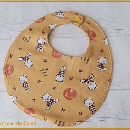 Bavoir bébé coton motif oursons et tissu éponge moutarde