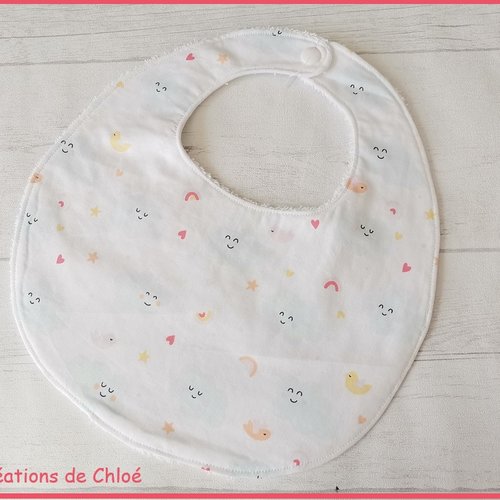 Bavoir bébé coton motif nuages et tissu éponge blanc