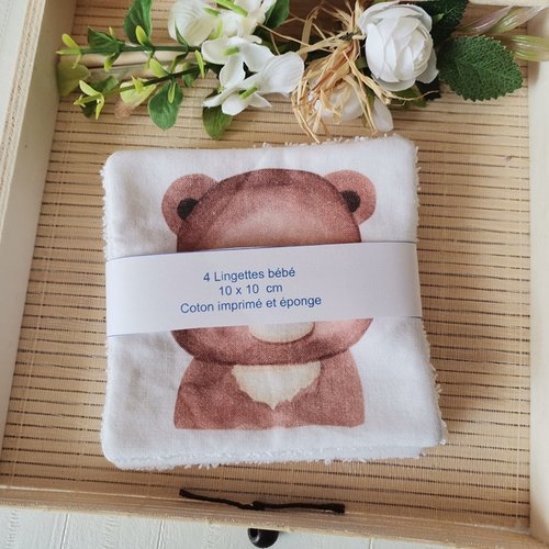 Lot de 4 lingettes bébé coton imprimé animaux