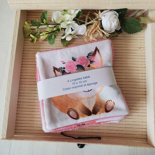 Lot de 4 lingettes bébé coton imprimé animaux