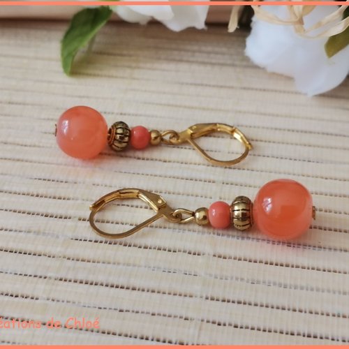 Promo - boucles d'oreilles apprêts dorés et perles en verre imitation jade orange