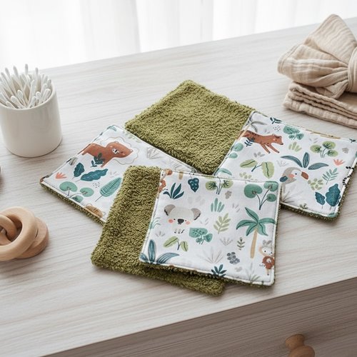 6 lingettes bébé coton et éponge kaki