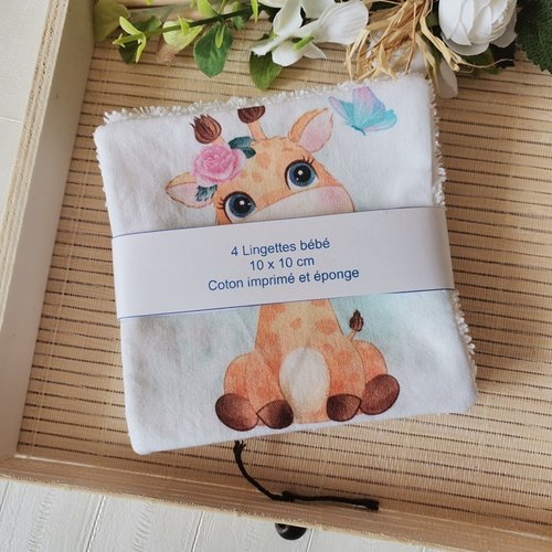 Lot de 4 lingettes bébé coton imprimé animaux