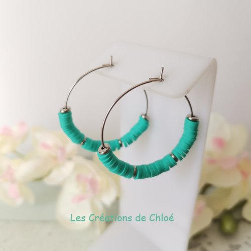 Boucles d'oreilles créoles acier inoxydable et perles heishi