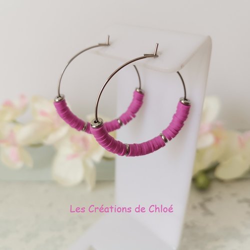 Boucles d'oreilles créoles acier inoxydable et perles heishi
