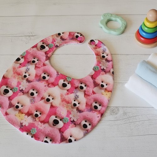 Bavoir bébé coton imprimé 3d rose et motif caniches