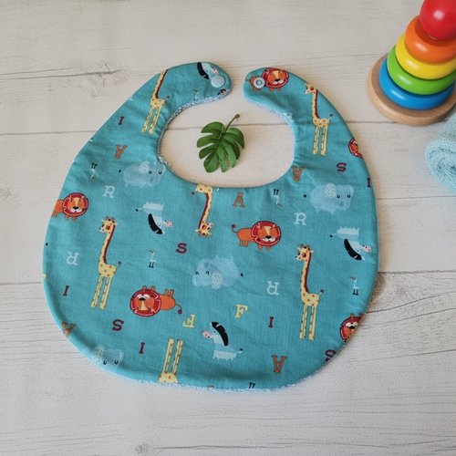 Bavoir bébé coton bleu et motif animaux