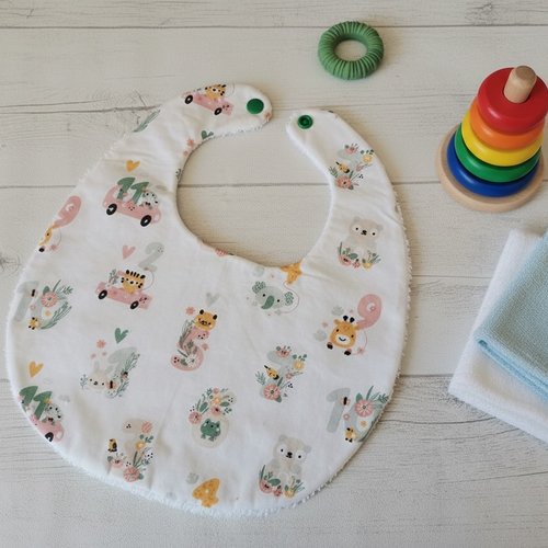 Bavoir bébé coton blanc et motif animaux