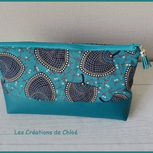 Trousse de toilette femme tissu imprimé et simili cuir bleu canard
