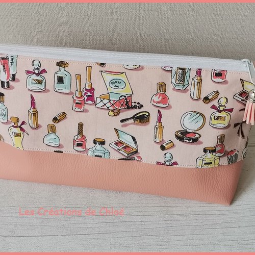Trousse de toilette femme tissu imprimé et simili cuir saumon