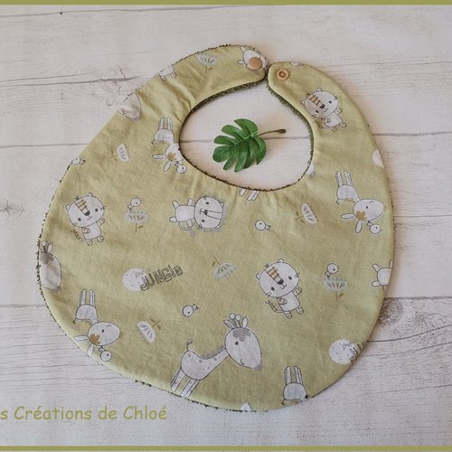Bavoir bébé coton vert anis et motif animaux