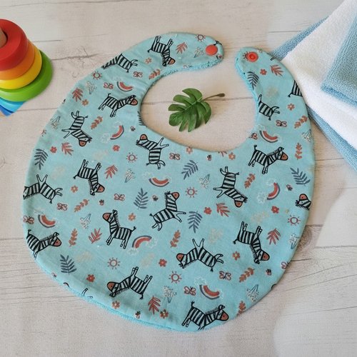 Bavoir bébé coton bleu et motif zèbres