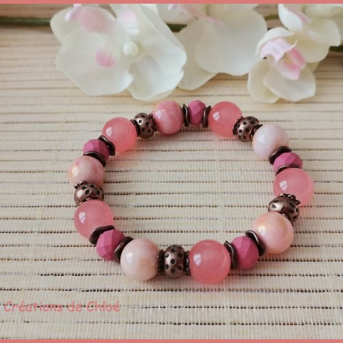 Bracelet fil élastique perles jade orange doré