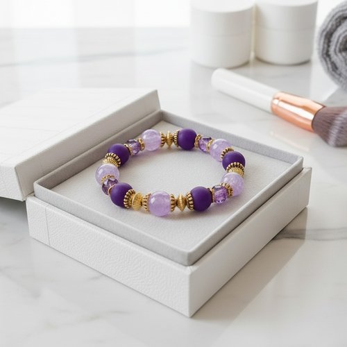 Bracelet fil élastique perles en verre ton mauve et violet