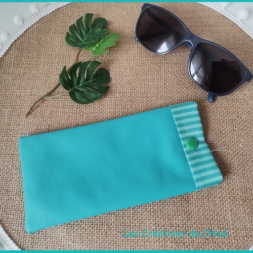 Etui à lunette en simili cuir vert turquoise et tissus à rayures