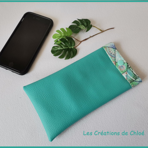 Etui simili cuir vert turquoise et coton pour téléphone portable