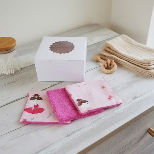 Boite de 12 lingettes bébé coton et éponge bambou fuchsia