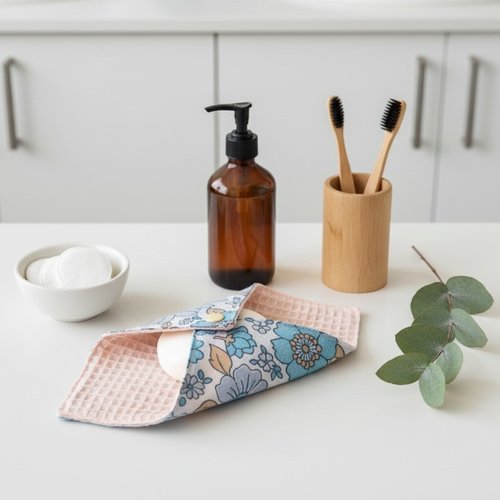 Pochette à savon tissus saumon et motif fleurs bleues