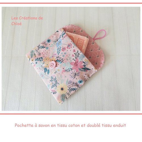 Pochette à savon tissus coton imprimé et enduit rose
