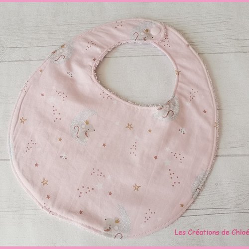 Bavoir bébé coton motif souris et éponge rose