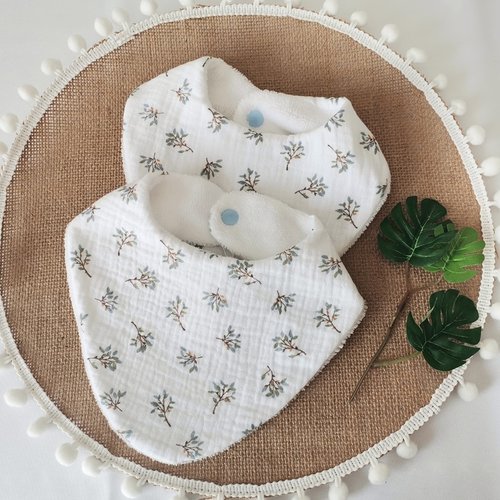 Lot de 2 bavoirs bébé double gaze blanche et éponge bambou