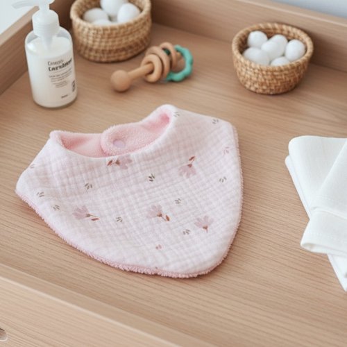 Bavoir bébé double gaze rose et éponge bambou rose