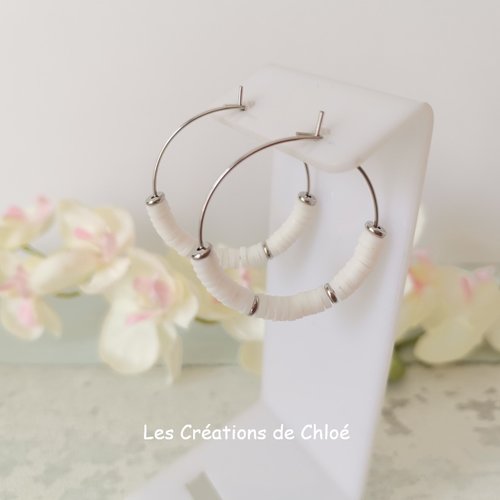 Boucles d'oreilles créoles acier inoxydable et perles heishi