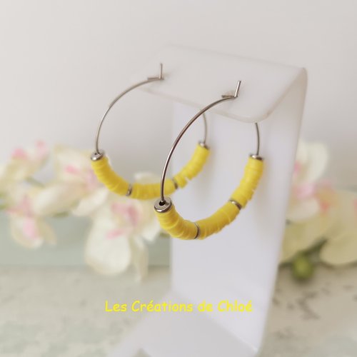 Boucles d'oreilles créoles acier inoxydable et perles heishi