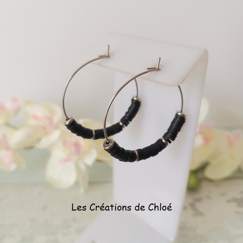 Boucles d'oreilles créoles acier inoxydable et perles heishi