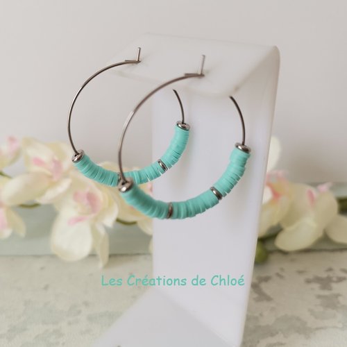 Boucles d'oreilles créoles acier inoxydable et perles heishi