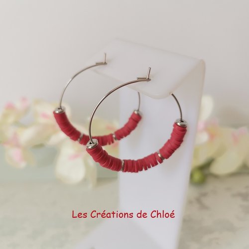 Boucles d'oreilles créoles acier inoxydable et perles heishi