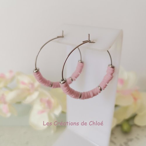 Boucles d'oreilles créoles acier inoxydable et perles heishi