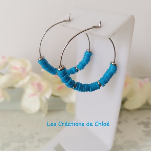 Boucles d'oreilles créoles acier inoxydable et perles heishi
