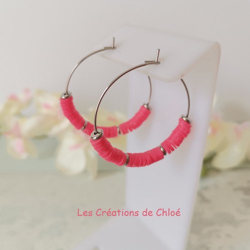 Boucles d'oreilles créoles acier inoxydable et perles heishi